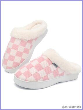 UBFEN Memory Foam Slippers Plaid Faux Fur Lined Non-Slip Platform House Shoes